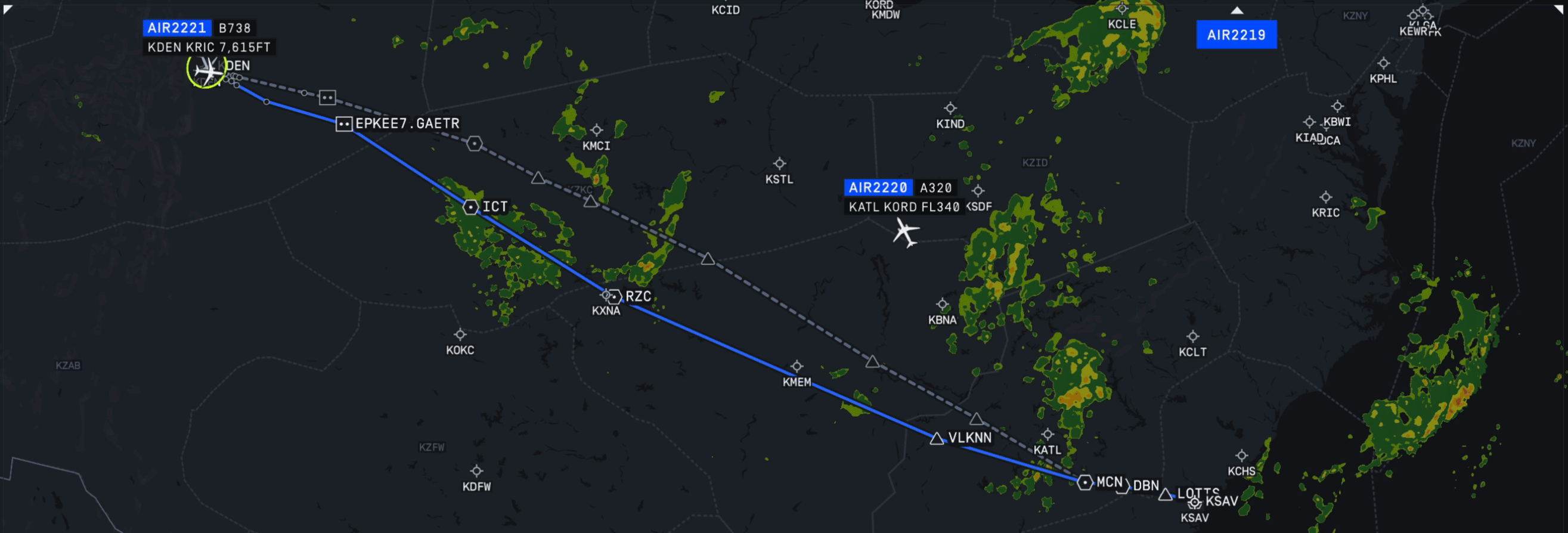 Flyways map animating weather rasters over time above a flight route